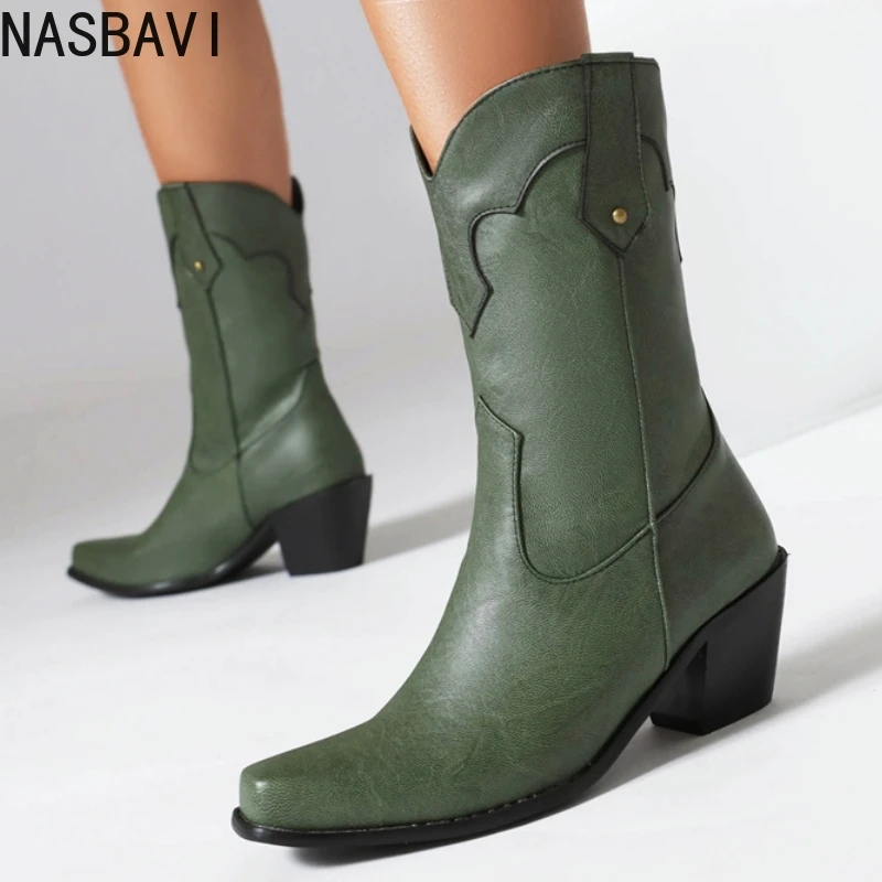 

Женские ботильоны, осенне-зимняя обувь, ковбойские ботинки в стиле вестерн, черные, зеленые, красные, с квадратным носком, обувь на низком каблуке, водонепроницаемая