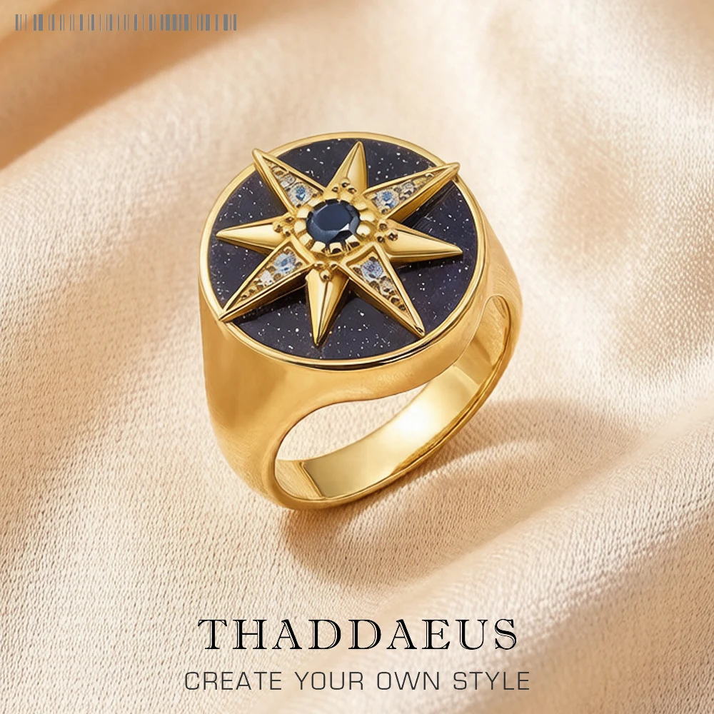 Golden Royalty Star With Stones Ring Europe Fine Jewerly For Women Autumn Lucky Gift In 925 Sterling Silver