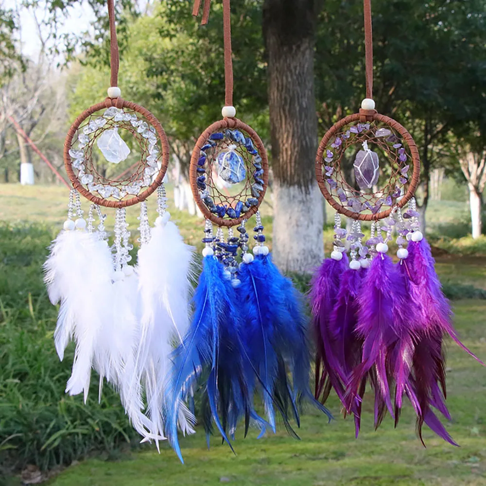 Natural Crystal Handmade Dream Catcher with Feathers Amethyst Citrine Lapis Lazuli Red Agate Raw Chip Stone Car Hanging Ornament