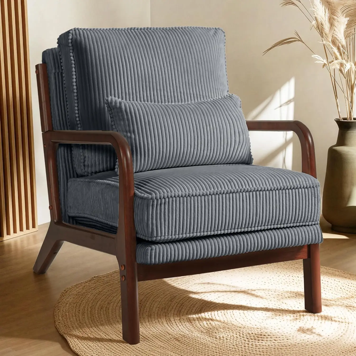 

Accent Chair, Mid-Century Modern Armchair with Wood Frame, Comfy Corduroy Upholstered Reading Chair with Lumbar Pi