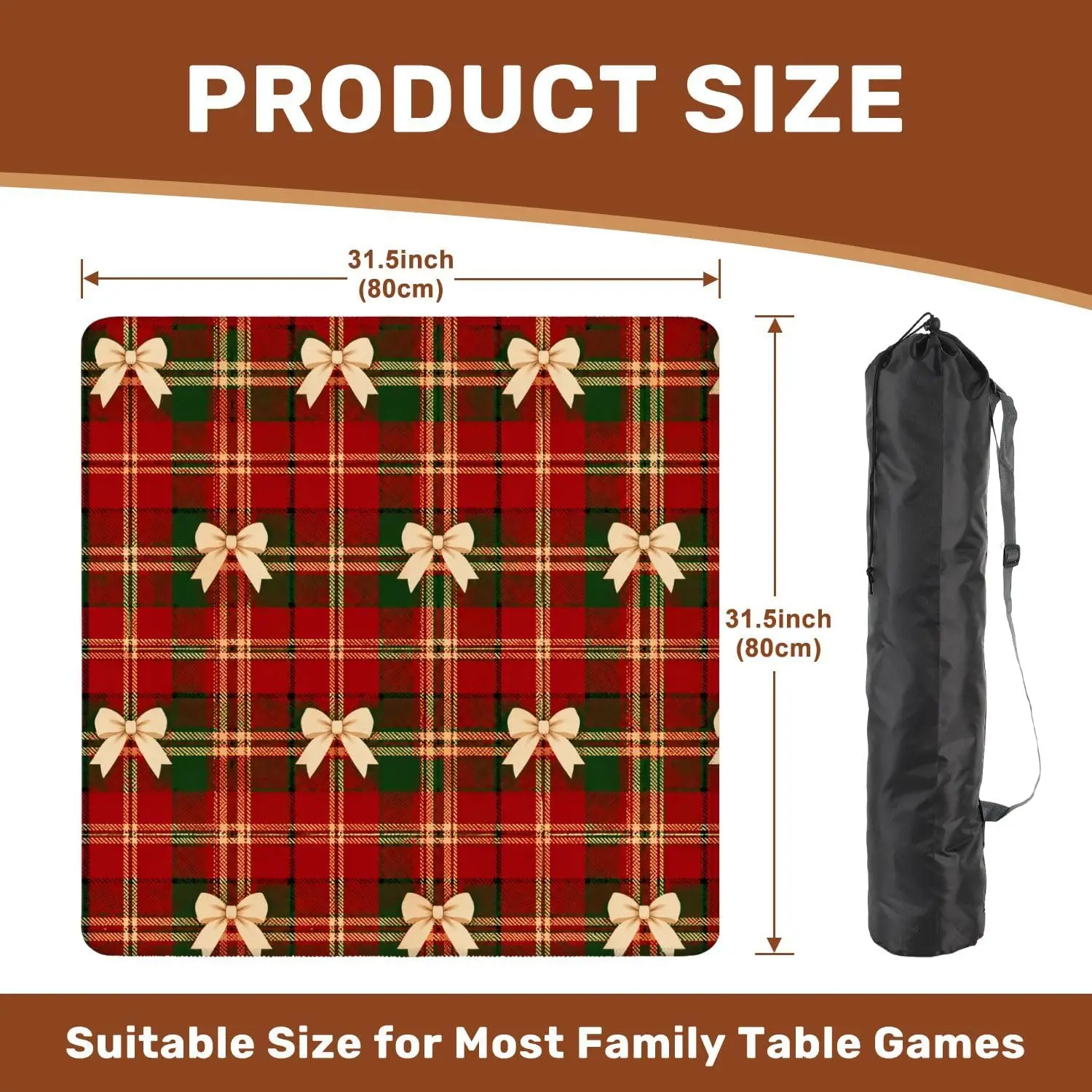 Christmas Red Green Plaid Beige Bows Mahjong Mat 31.5x31.5 Non Slip Noise Reduction Table Pad for Mahjong Poker Card Tile Board