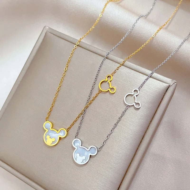 Disney Stainless Steel Cartoon Cute Shell Mickey Mouse Head Necklace for Women Girls Lovely Fashion Accessories Gifts