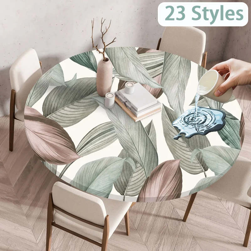 Waterproof Oil-Proof Round Tablecloth Plant Pattern Plastic TableCloth Backing Elastic EdgeTable Cover 60/70/80/90/100/120/140cm