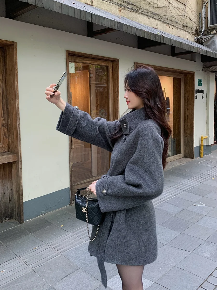 

MUKOK Твидовое пальто из высококачественной шерсти, двустороннее, средней длины, однобортное, с поясом, осенне-зимнее, утепленное