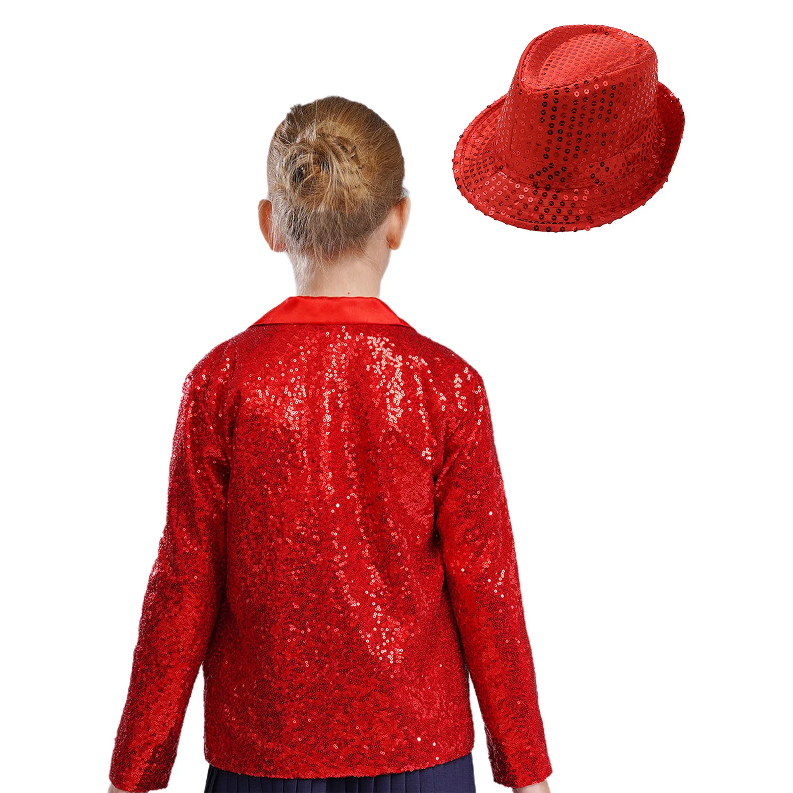 Ensemble de veste de danse Jazz pour enfants filles, Blazer à manches longues à paillettes scintillantes avec chapeau à paillettes pour fête à thème, spectacle sur scène