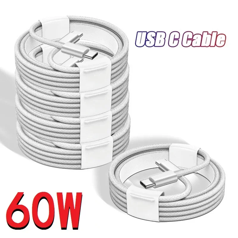 10/50Pcs 1M 3FT 60W USB C To Type C C-C Weaving Data Charger Cable For IPhone 15 16 Pro Max Plus Cables For Samsung Xiaomi