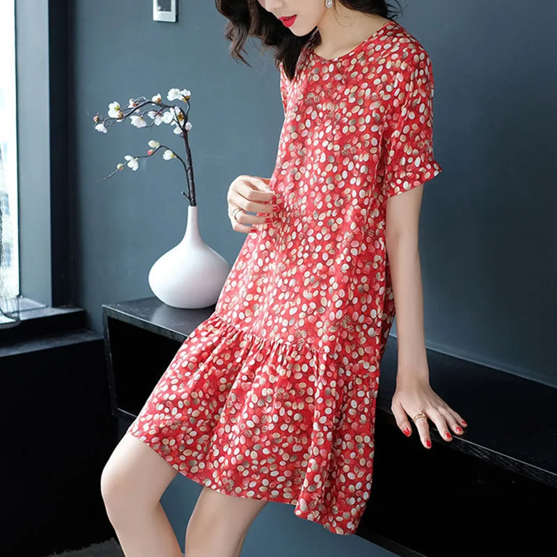 Fashion Loose Printed Folds Korean Mini Dress Women\'s Clothing 2023 Summer New Oversized Short Sleeve Office Lady Floral Dress