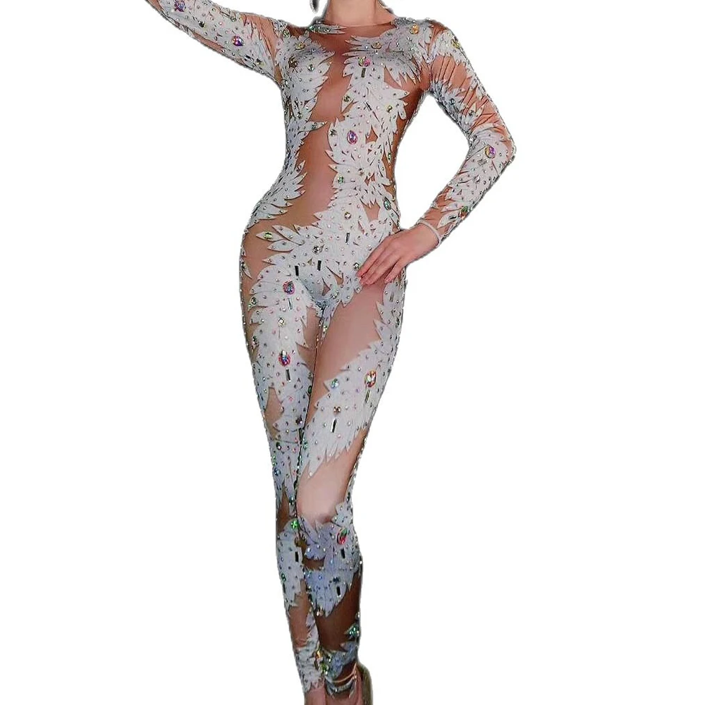 Party Evening Costume White Leaf Pattern Printing Jumpsuits Stretch Outfit Rhinestones Sparkling Bar Show Nightclub Costumes