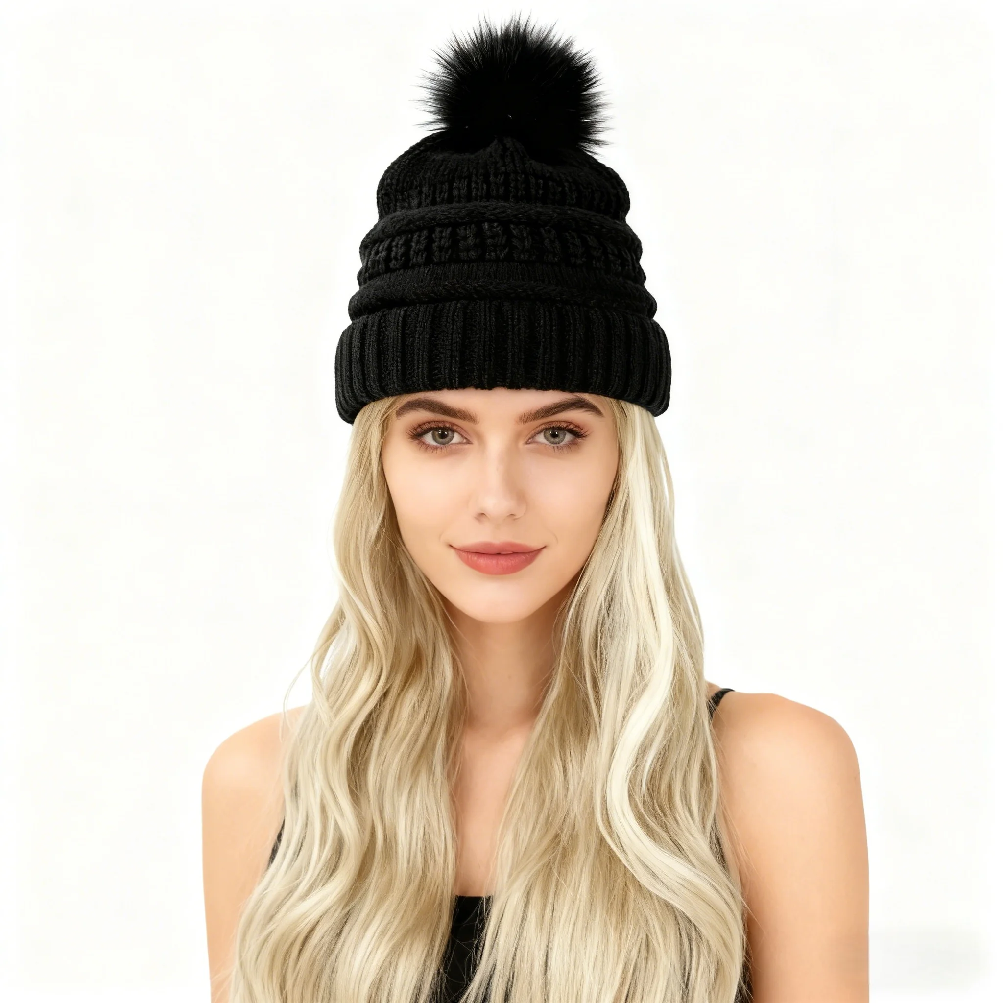 

24inch Long Water Wavy Synthetic Hairpiece Beanie Hat - Woven Wigs with Knit Pom Cap Warm Winter Design - Soft Detachable Wig