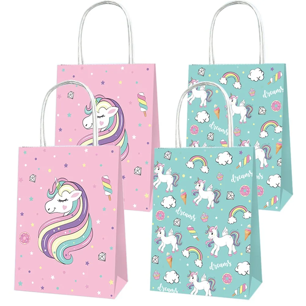 Girls Birthday Cute Rainbow Unicor Themed Party Pink And Blue Gift Bag with Handles Candy Bags Wedding Baby Shower Gift Bag