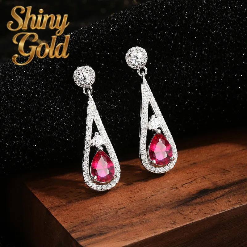 ShinyGold  Luxury Solid Platinum PT950 Pigeon Red Emerald Women's Diamond Studs with Pear-Shaped Moissanite