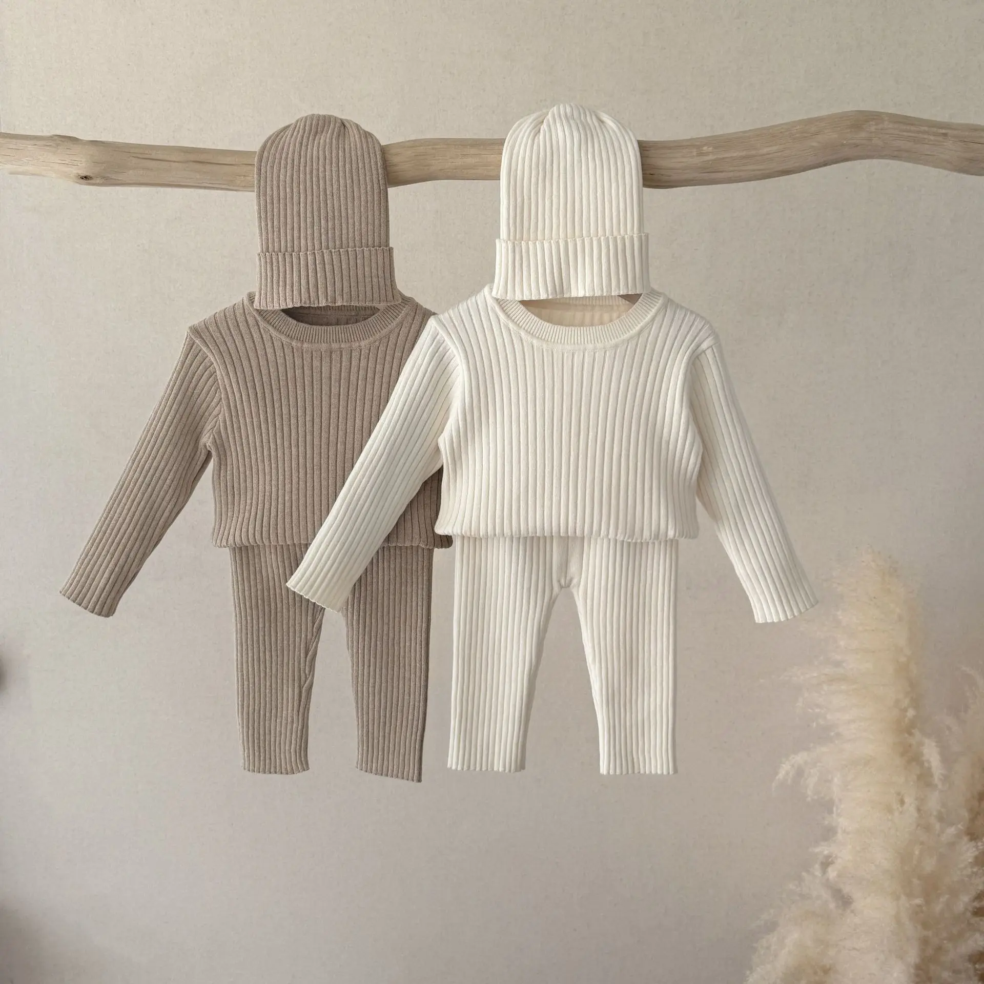 3Pcs Baby Clothing Set O Neck Sweater Solid Knit Leggings And Beanie Hat  Suit Kids Boys Ripped Knit Suit Warm Indoor Clothes