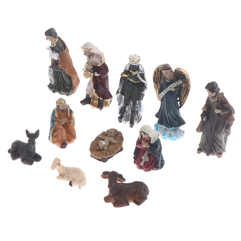 11Pcs/Set Statue Nativity Scene Ornament Baby Jesus Manger Christmas Crib Figurines Miniature Ornament Home Decoration Xmas Gift