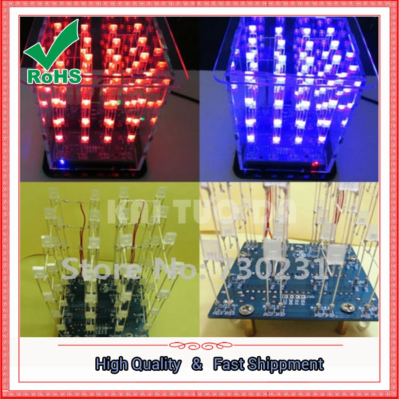 New Colorful 4*4*4 3D LED Light Squared White LED Blue & Red Ray LED Cube DIY Kit