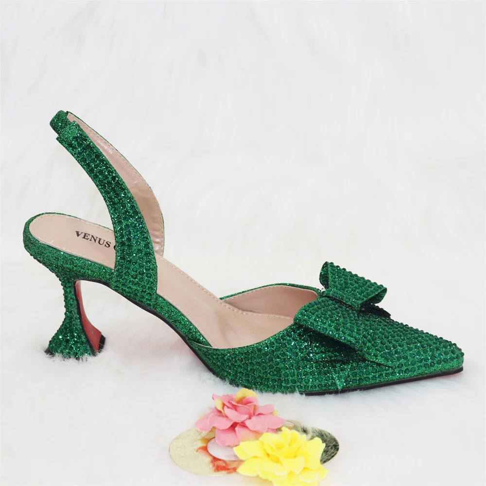 Fashionable New Design Nigerian Design Italian Women Shoes and Bag Set in Green Color Decorate with Rhinestone for Party