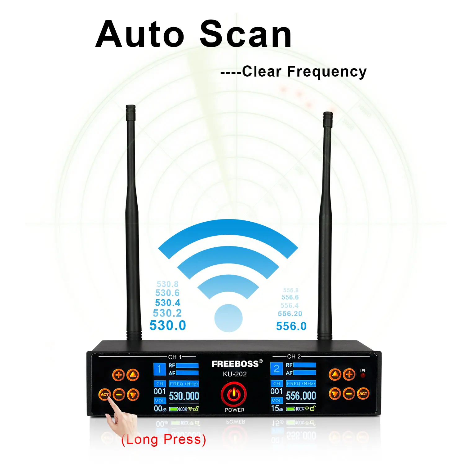 FREEBOSS microfono Karaoke Wireless TFT ricaricabile 2 palmare UHF 2*100 punti scansione a frequenza a infrarossi microfono dinamico KU-202