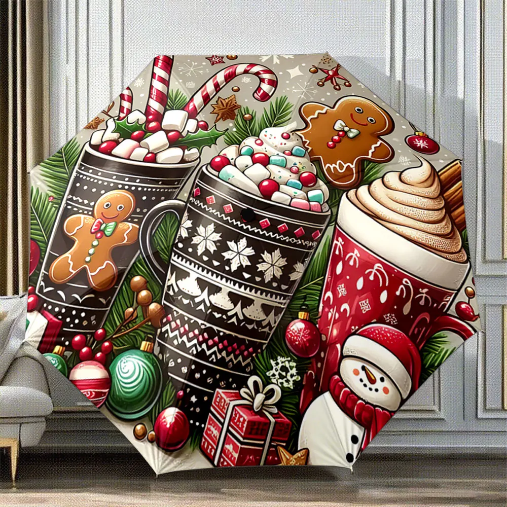 Festive Hot Cocoa Cups with Gingerbread and Snowman Design portable waterproof sun rain umbrella for outdoor travel beach