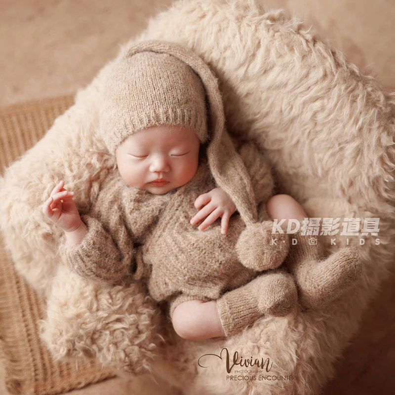 Newborn Photography Costumes Knitted Baby jumpsuit Set with Matching Hat Teddy Bear Posing Doll Photo Props Accessories for Baby