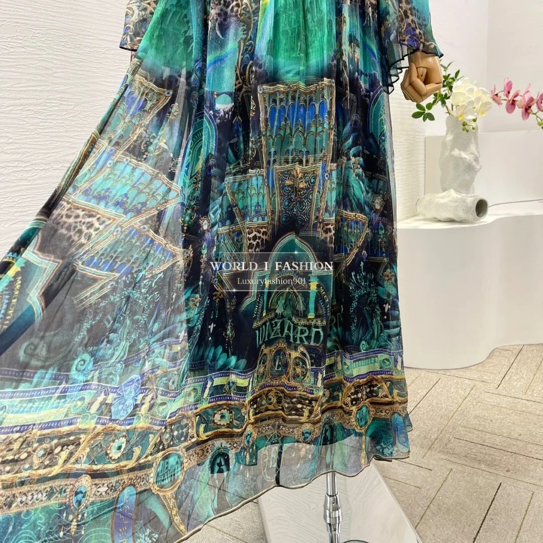 

2025 New Womens Dresses Green Black Long Sleeve Diamonds V Neck Midi Dress