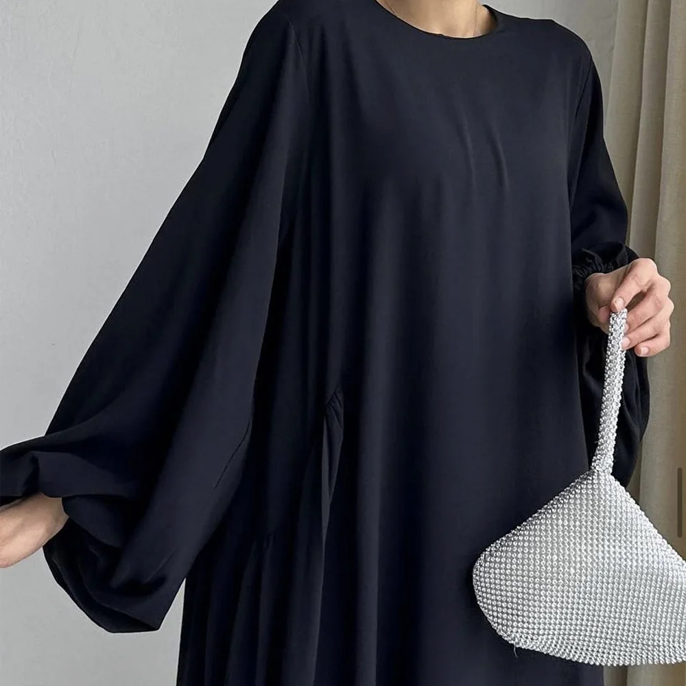 Punho elástico Flowy Dre para mulheres, manga de balão, suave Nida Abaya, costas plissadas, roupas islâmicas soltas, oração do Ramadã, muçulmano