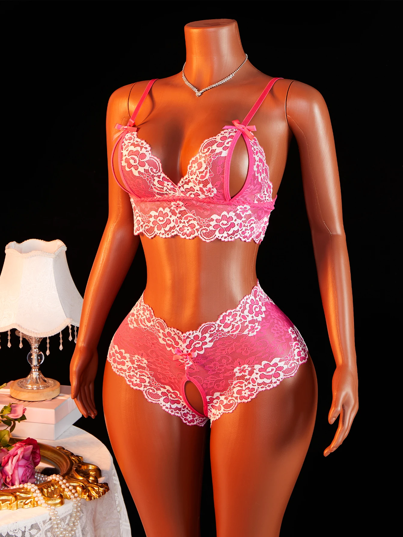 Women's Sexy Lingerie Set Sling Open Bra Camisole Bra Crotchless Panty Transparent Floral Lace Erotic Outfit - Image 2