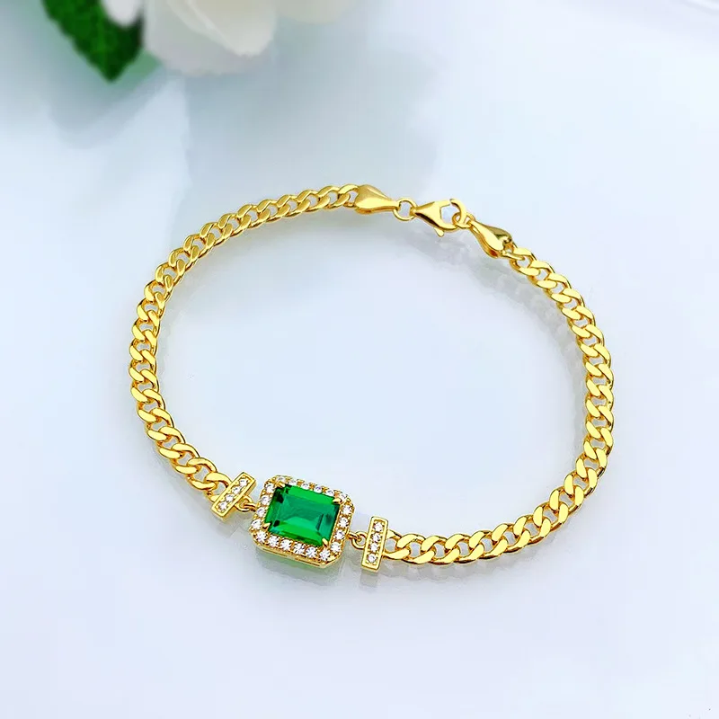 Imagem -02 - Grown Emerald Cuban Chain Bracelet 925 Sterling Silver Charm Bracelets 14k Gold Plated Bangle Fine Jewelry 6x8 mm Lab