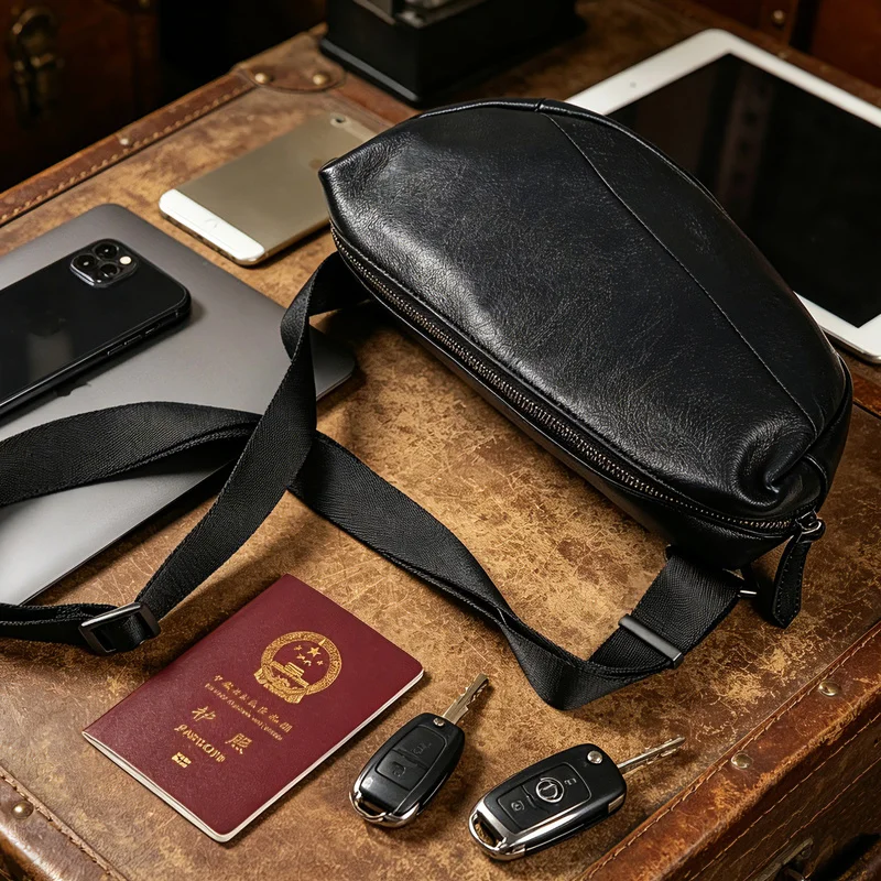 Vintage Genuine Leather Men'S Chest Bag, Casual And Simple Cowhide Saddle Pack, Large-Capacity Top-Layer Cowhide Cross