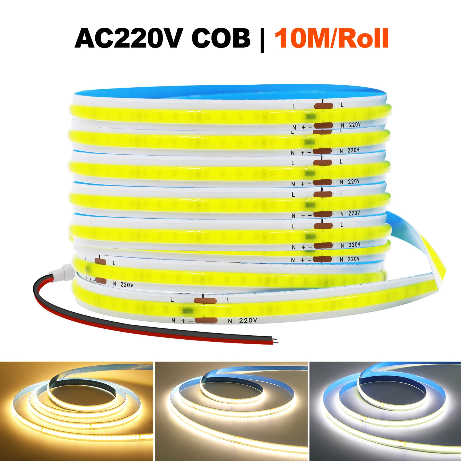 AC220V COB Strip LED Tape Light 5M 10M 230V 240V Self-Adhesive 240LEDs/M IP20 No Need Driver Ribbon Lamp 3000K 4000K 6000K White