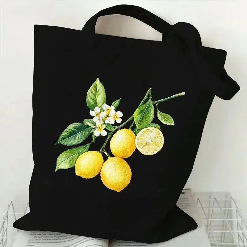 Bolso de mano de lona con estampado de flores de limón para mujer, bolso de hombro con gráfico de frutas amarillas frescas, bolso de compras reutilizable, bolsos informales Harajuku