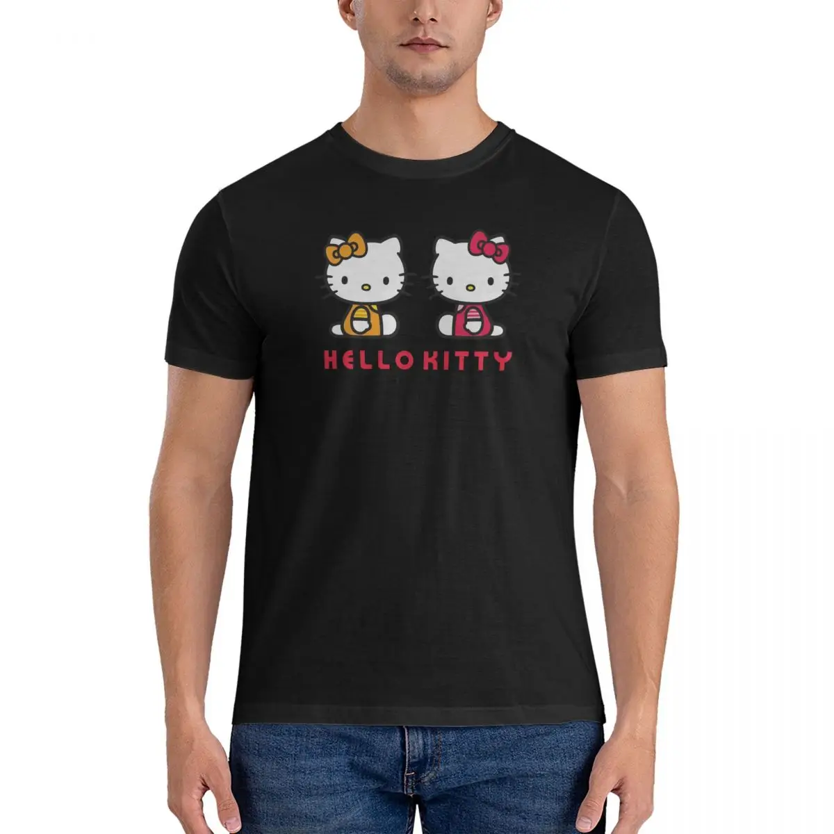 Men T-Shirts Sit Humorous Cotton Tees Short Sleeve Hello Kitty T Shirt Round Collar Clothing Summer