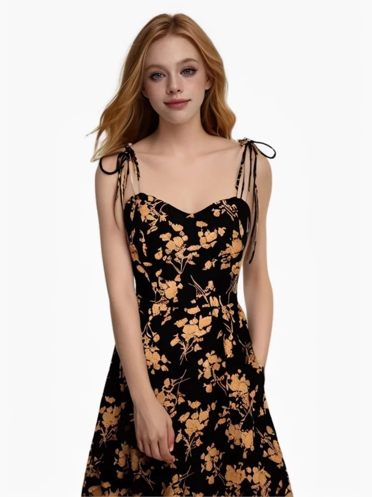 فستان نسائي صيفي جديد بدون أكمام مطبوع على شكل حرف a MIDI ، ملابس نسائية 2025 ، فساتين زهرية للسيدات ، فساتين أنيقة