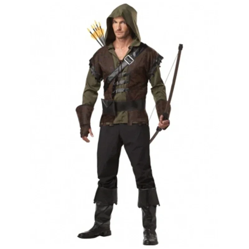Robin hombre disfraz de Halloween para hombre, chaqueta, pantalones, cinturón, capucha para hombre, vestido elegante de Príncipe, disfraz de cazador para Carnaval de Purim