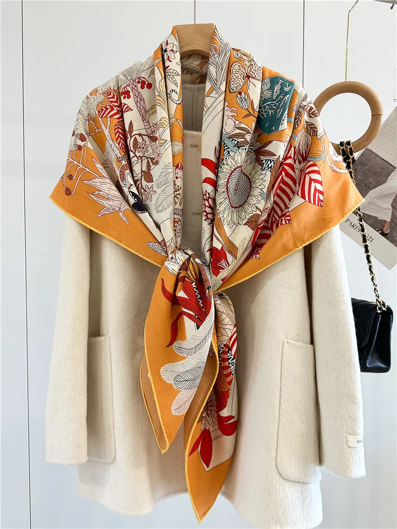 Luxury Design Double Sided Silk Wool Scarf Women Giant Hand-rolled Edges Shawls Winter Accessories Square Scarves Stole Foulard