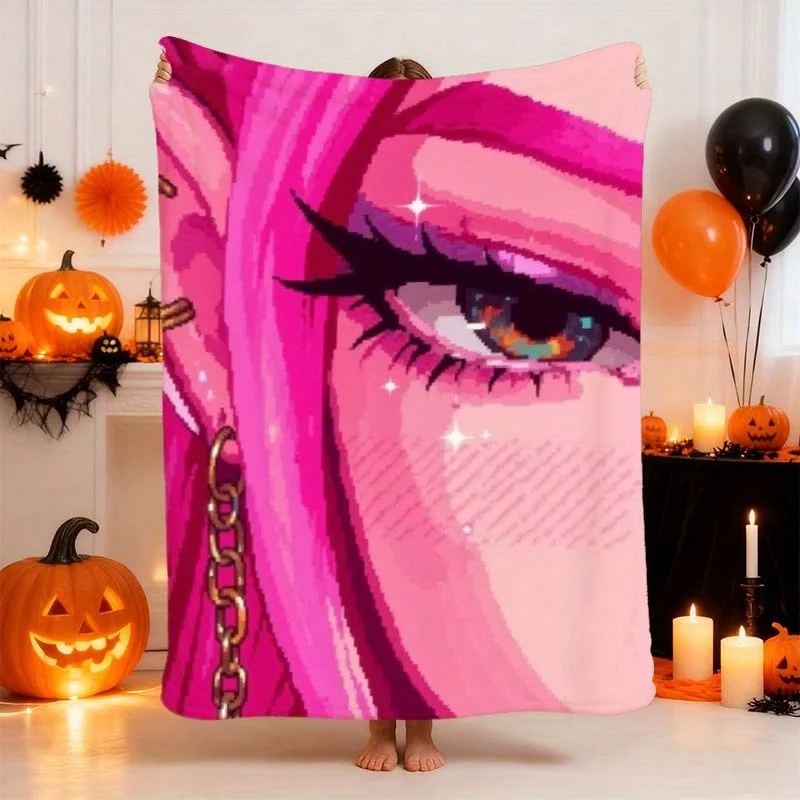 1pc K-Pop K-Drama Inspired Kawaii Pink & Purple Chibi Face Pixel Art Flocked Blanket - Soft Flannel Bedspread with Korean Beauty