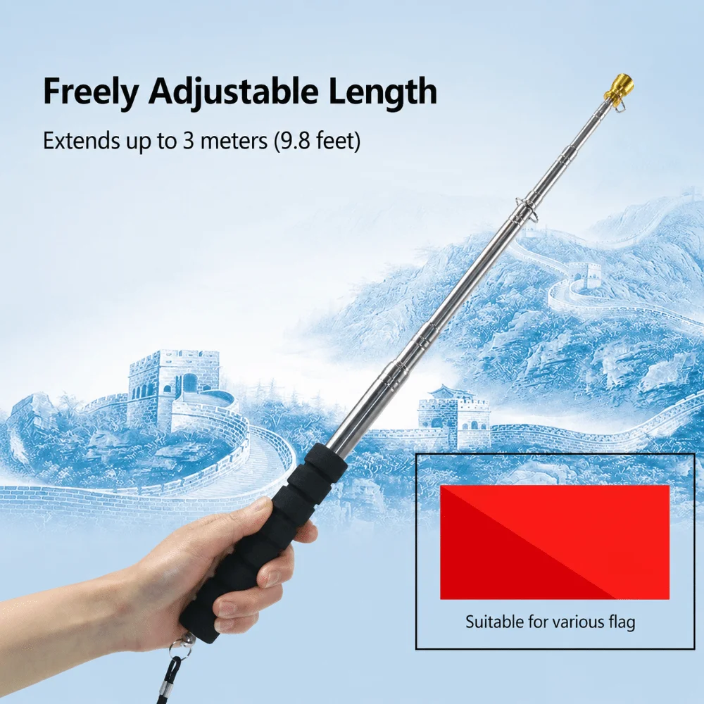 Portable 200/250/300cm Telescopic Flagpole Stainless Steel Handheld Handheld Flag Pole Anti-slip EVA Handle Waving Flagpole Gift