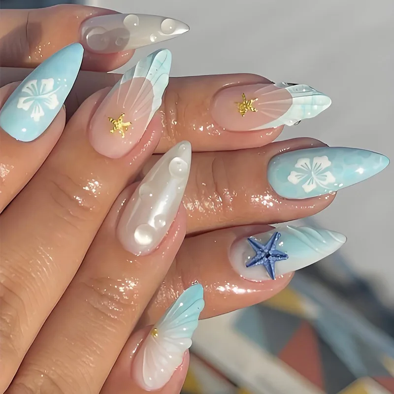 Almond Press on Fake Nails 3D Ripple Star False Nails Blue Smudge Detachable Full Cover Nails Tips 3D Shell Pearl Acrylic Nail