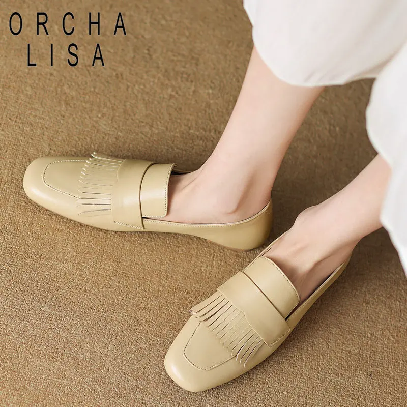 

ORCHA LISA Cow Leather Women Flats Square Toe Slip On Soft Concise Daily Large Size 41 42 Shallow Tassels Casual Lady Shoes