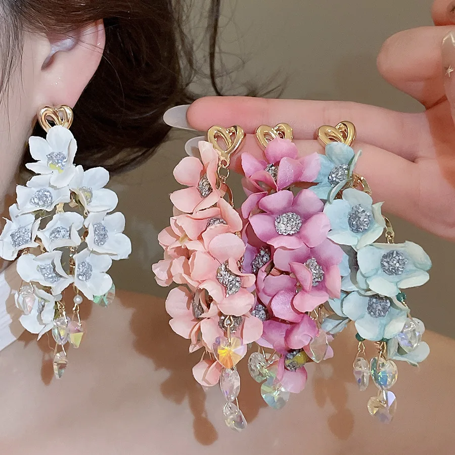 Fabric floral tassel resort style earrings