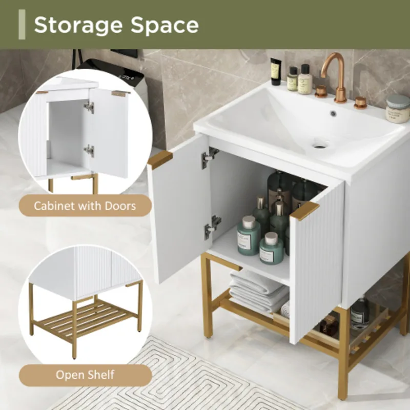 FENGSHUO Simplicity Bathroom Vanity With Sink Bathroom Vanity Cabinet With Two Doors And Gold Metal Frame Open Storage Shelf