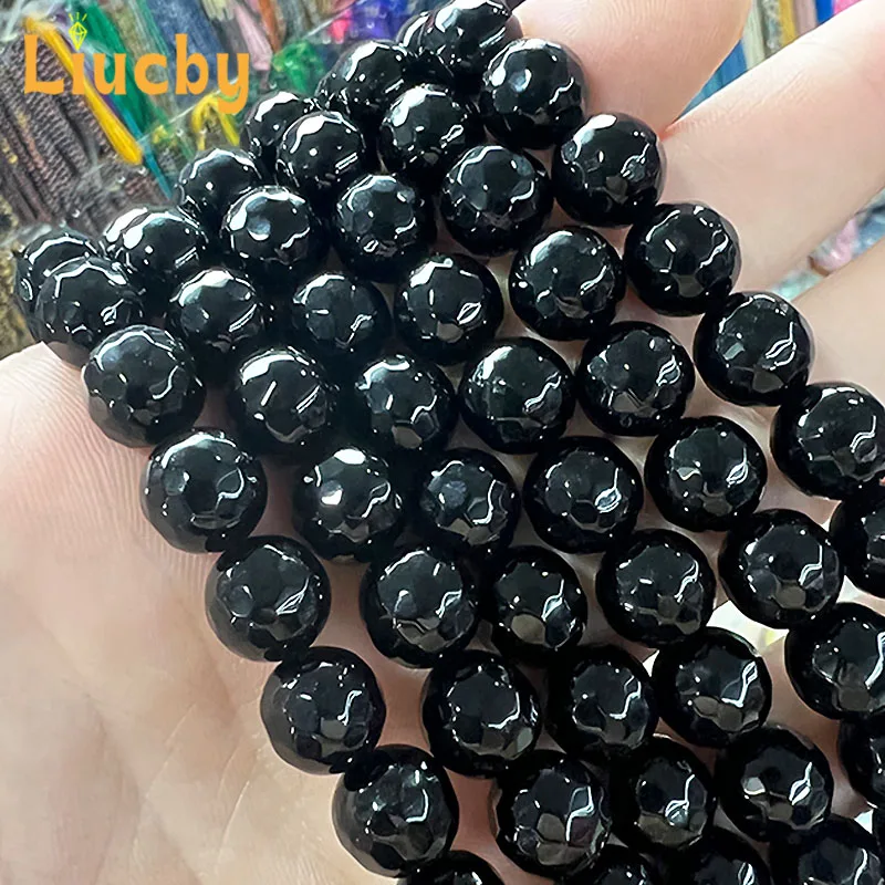 الحجر الطبيعي الأوجه العقيق الأسود فضفاض الخرز لصنع المجوهرات DIY خواتم Handstring اكسسوارات 15 ''بالجملة 4/6/8/10/12 مللي متر #4