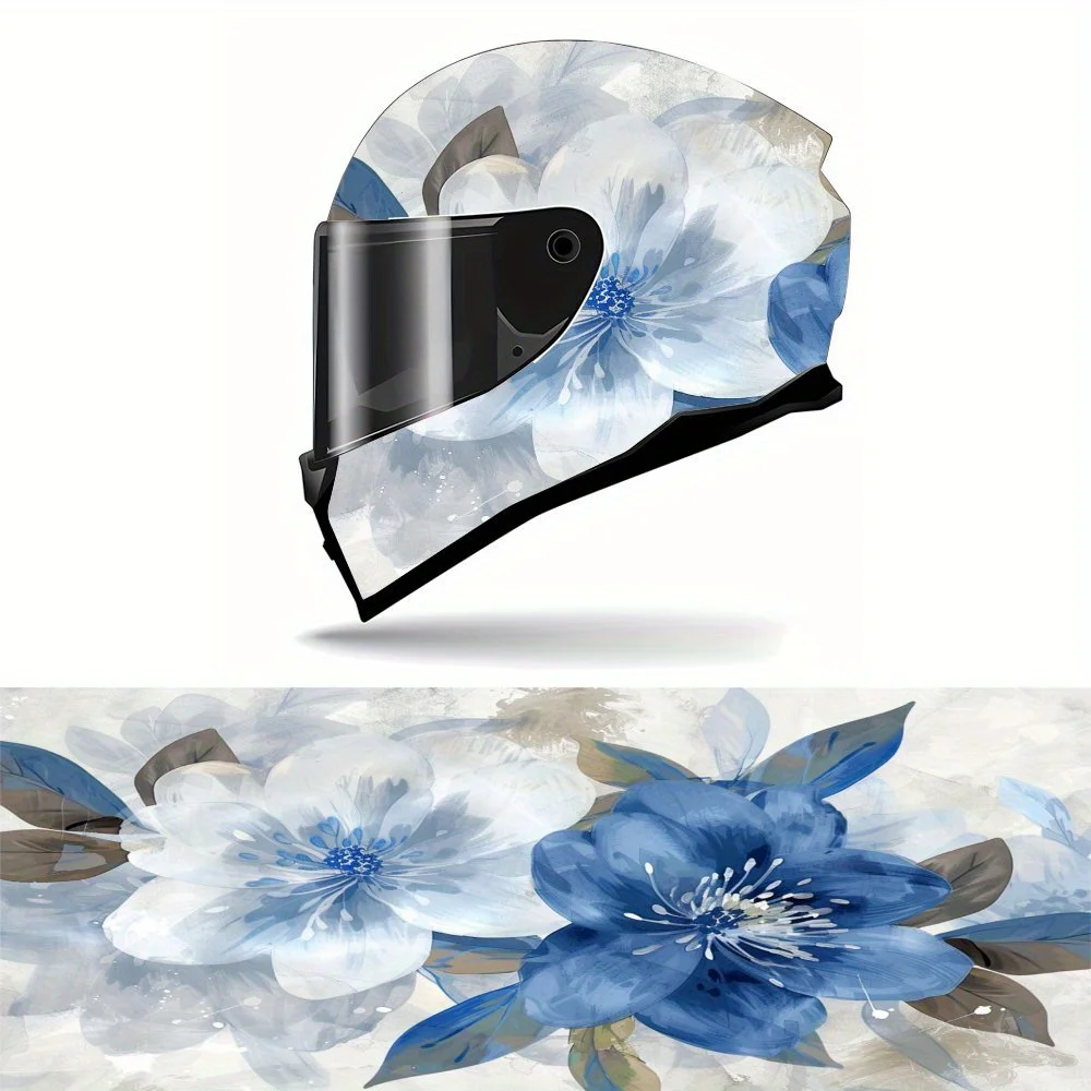 Blue and white fantasy theme graphics under watercolor brush strokes, motorcycle helmet decals - durable PVC; aesthetic decals f