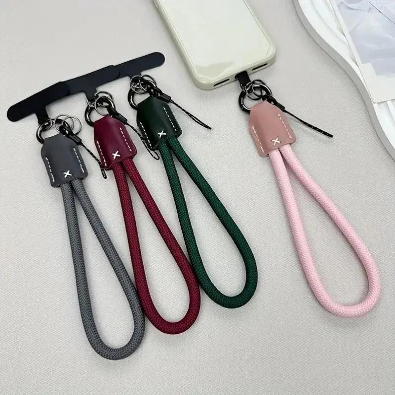 1PCS Braided Lanyard With Leather Accent Mobile Phone Chain Metal Fish Bone Phone Lanyard Cell Phone Charm Keycord Accessories