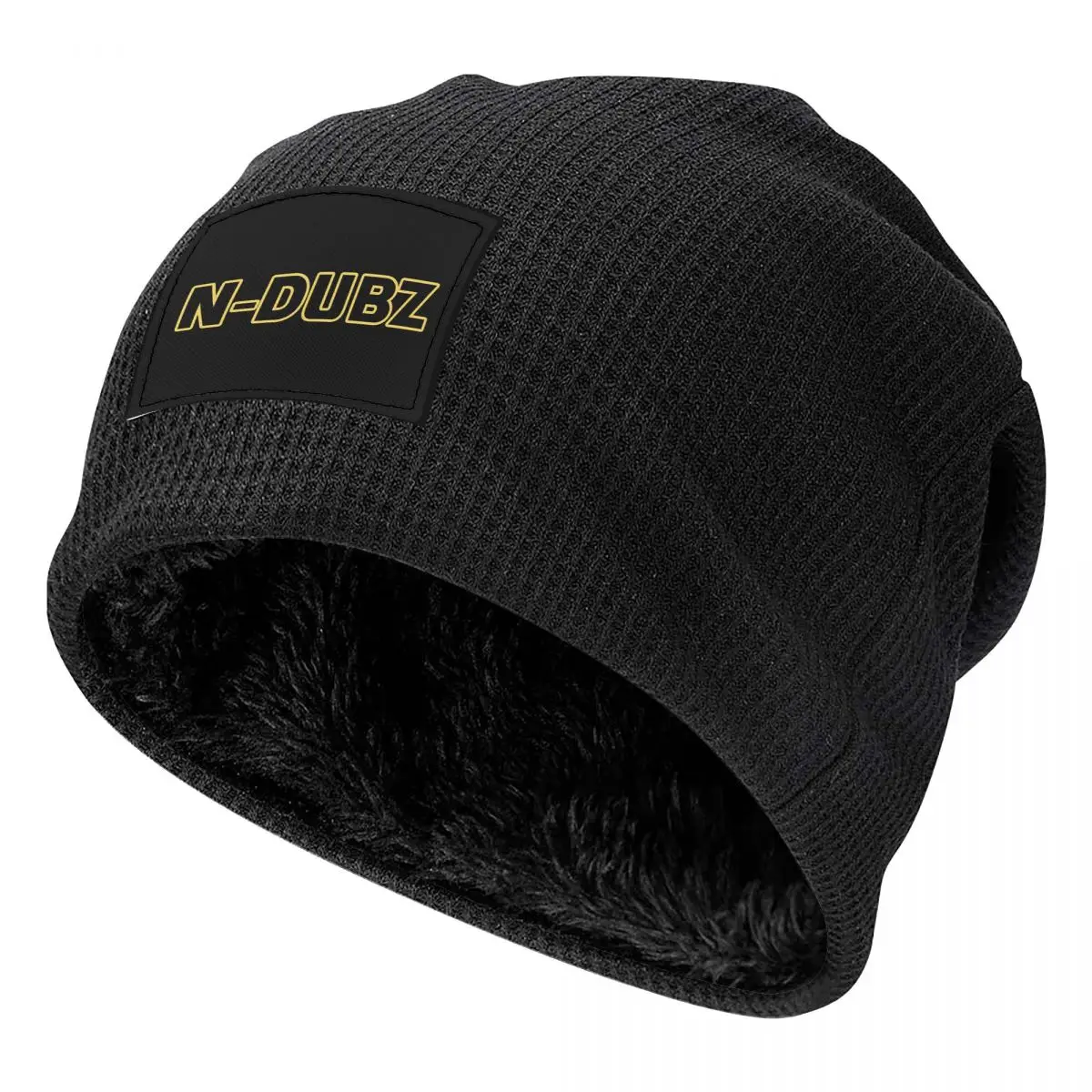 N-Dubz Merch NDubz Logo Waffle Knit Fleece Lined Beanie with PU Leather Patch Unisex Warm Winter Soft Cap