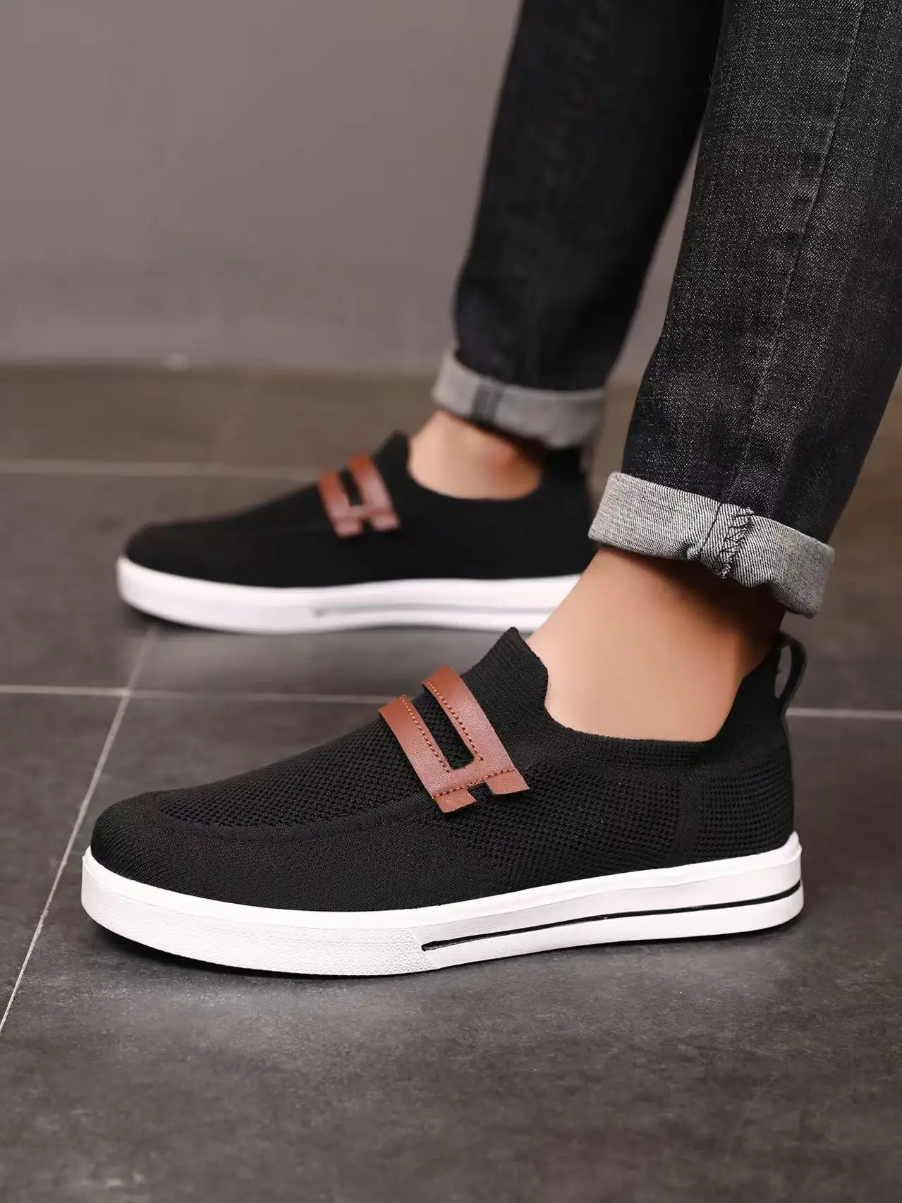 Men's Breathable Slip-On Sneakers Lightweight Mesh Casual Walking Shoes Non-Slip Lazy Loafers Black White