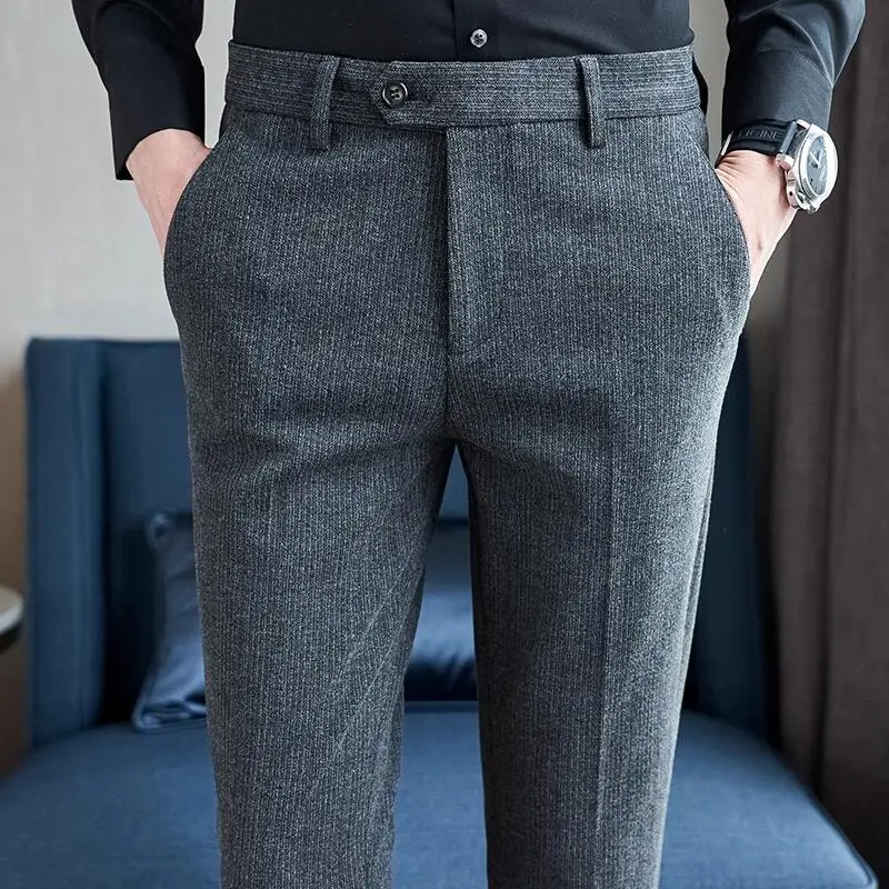 

Autumn Winter Woolen Cloth Thickened Suit Pants High Quality Men Business Slim Trousers Formal Wear Office Social Dress Pants