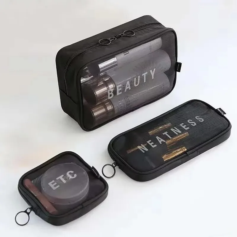 3Pcs Set Women Mesh Cosmetic Bag Travel Storage Makeup Bag Organizer Female Make Up Wash Pouch Portable Toiletry Beauty Case