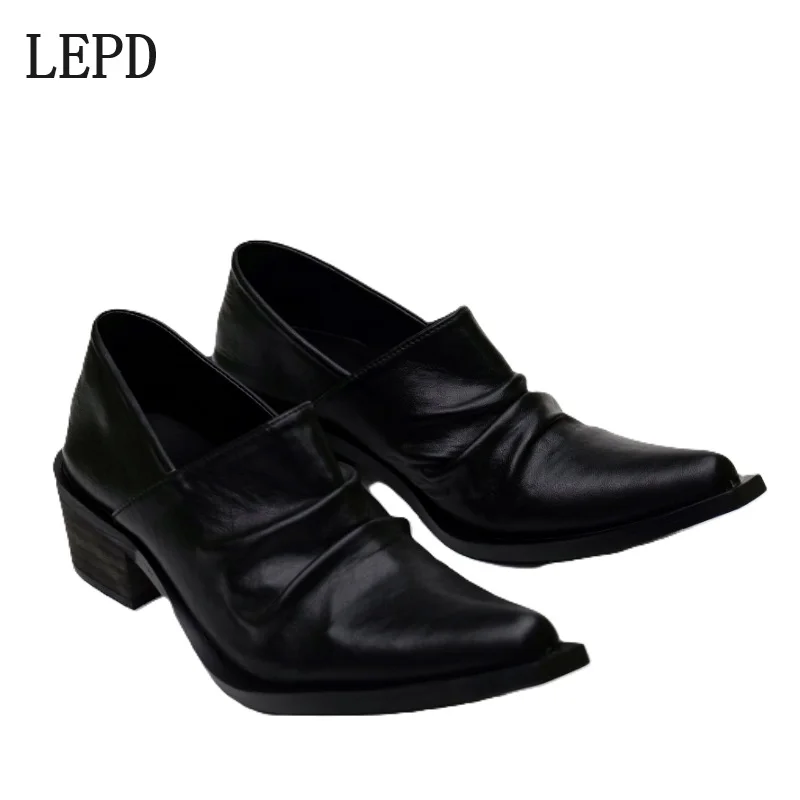 

LEDP Pleated Small Leather Shoes - Women's Chunky Platform Pointed-toe Witch Shoe - Thick Sole Pointed Toe Retro Derby Shoes