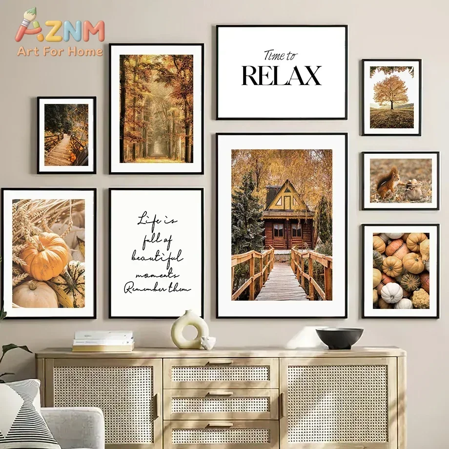 AZNM Autumn Forest Pumpkin Squirrel Cabin Canvas Wall Art Fall Landscape Quote Poster Print for Living Room Home Decor Unframed
