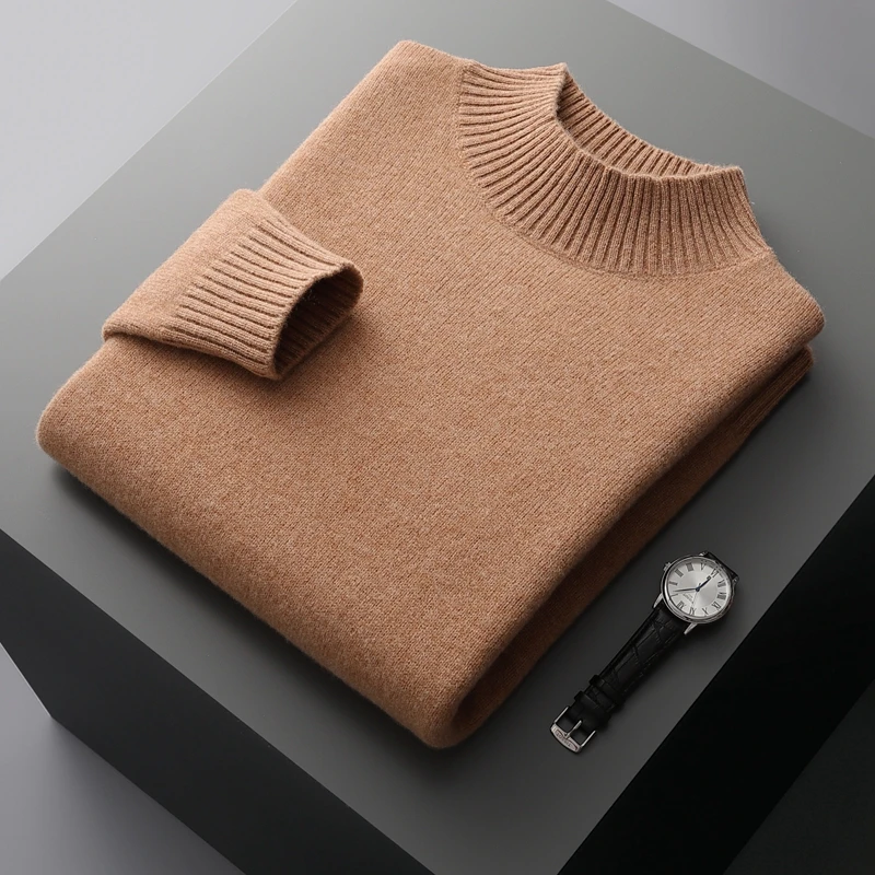 Winter Double Thick Men's Cashmere Sweater With Semi-High Neck High-End Warm Wool Knitted Bottoming Shirt