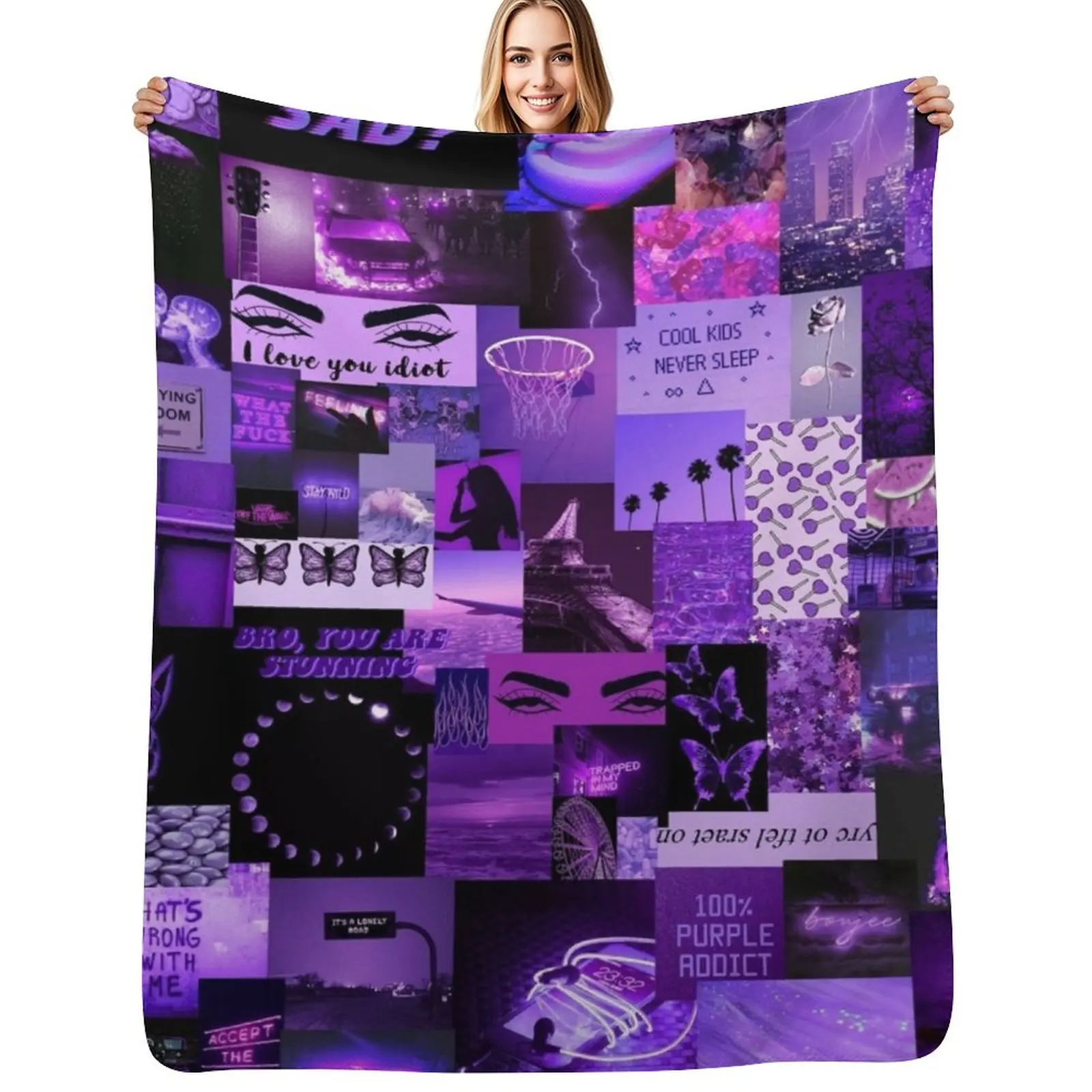 Purple Aesthetic Collage Throw Blanket Decorative Throw Hairy manga Blankets For Bed Decoratives Plush Blankets